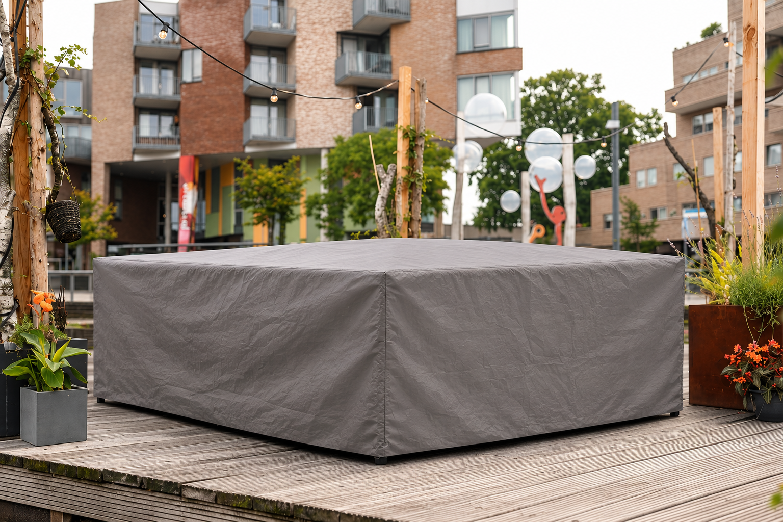 Beschermhoes Winza Loungeset 250 antraciet, sfeerbeeld op terras bij gebouwen