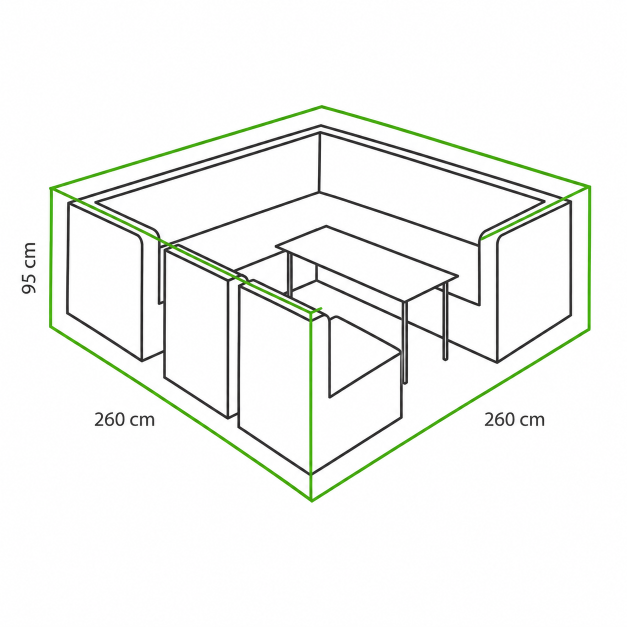 Beschermhoes Winza Loungeset Hoge Dining lijntekening met afmetingen loungeset