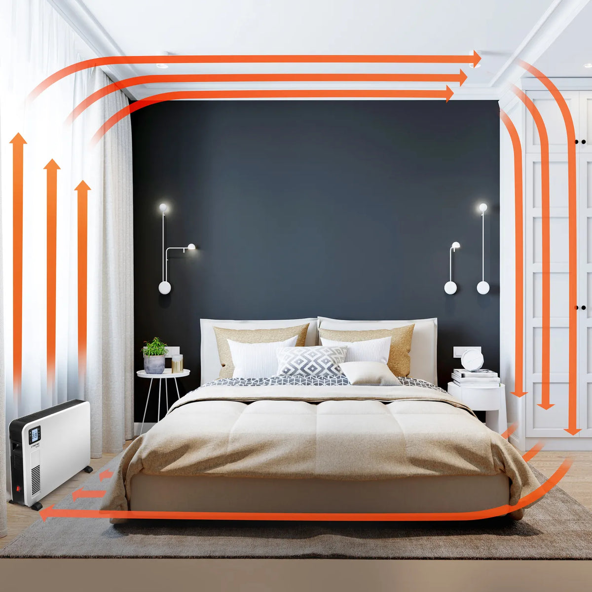 Trotec TCH 2310 E design convector in een slaapkamer naast het bed