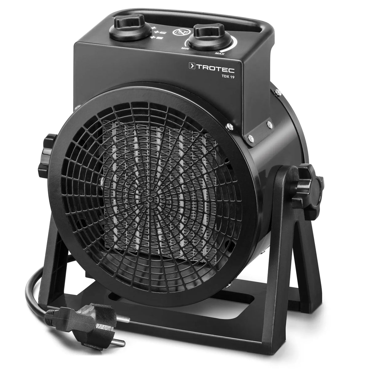 Trotec TDX 19 keramische kachelventilator zwart met beschermrooster op witte achtergrond