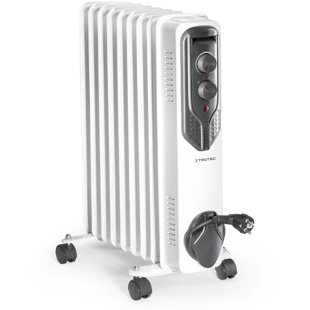 Trotec TRH 20 E olieradiator met 9 ribben en wielen op witte achtergrond
