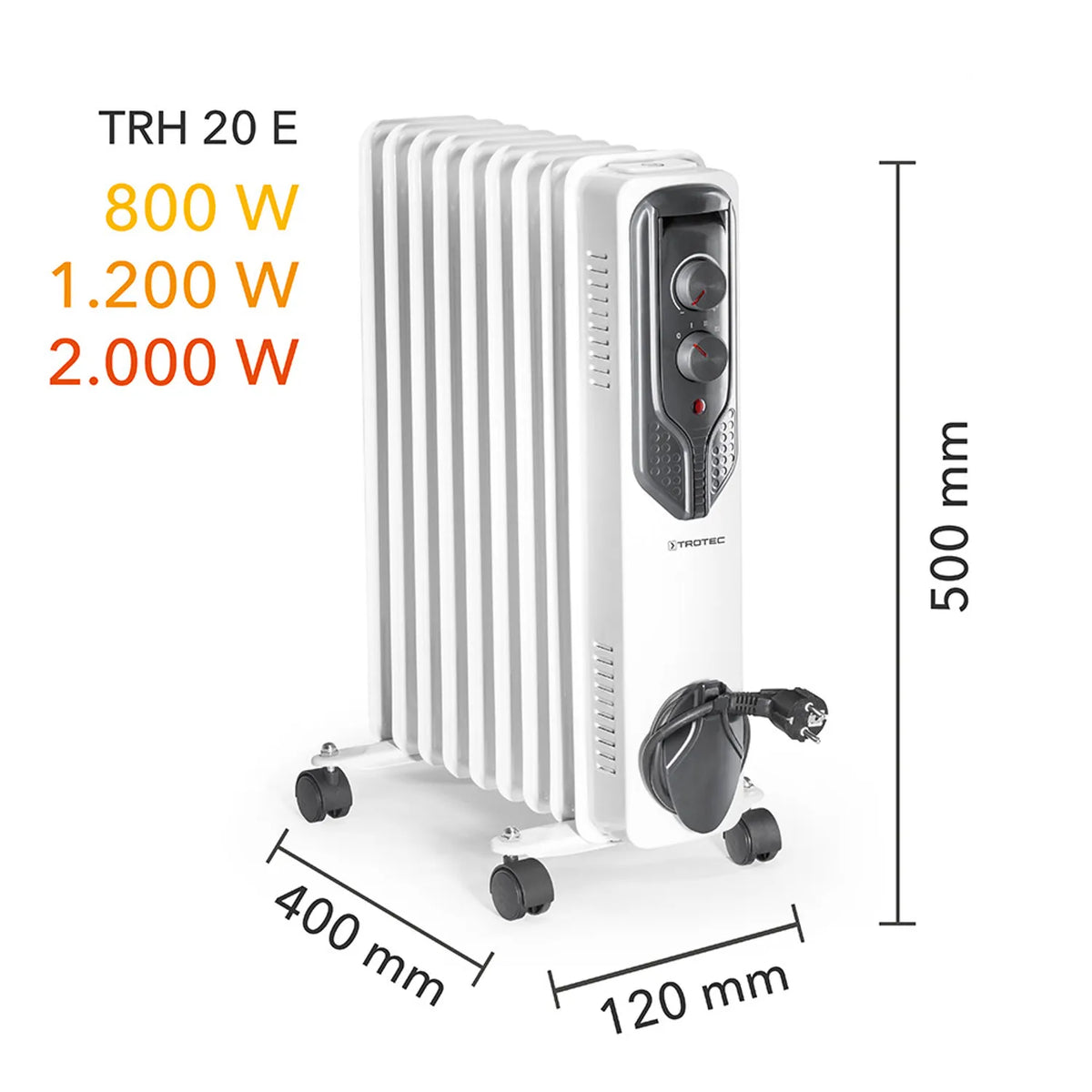 Trotec TRH 20 E afmetingen en verwarmingsstanden 800 W, 1200 W en 2000 W