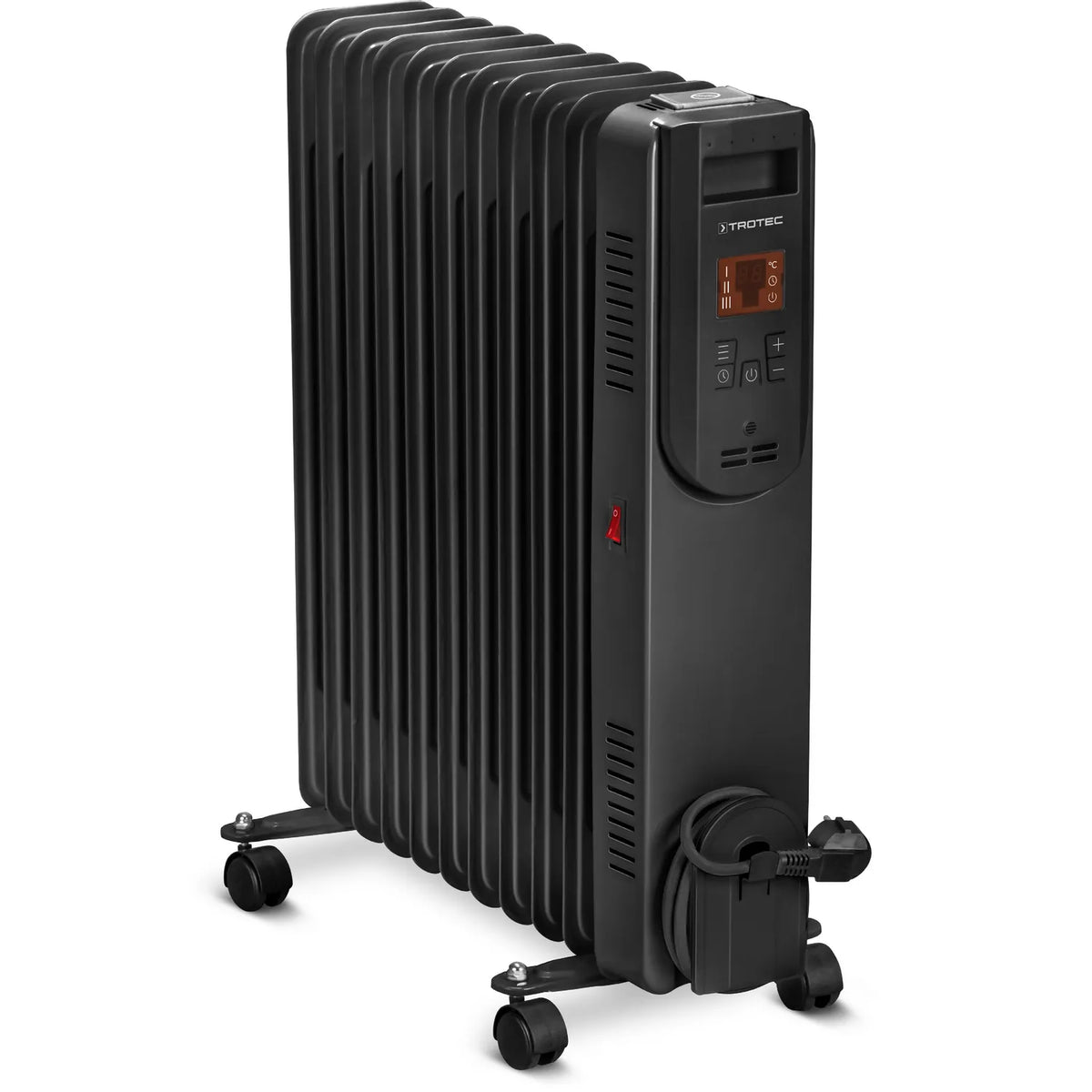 Trotec TRH 25 E olieradiator zwart met 11 ribben en wieltjes op witte achtergrond