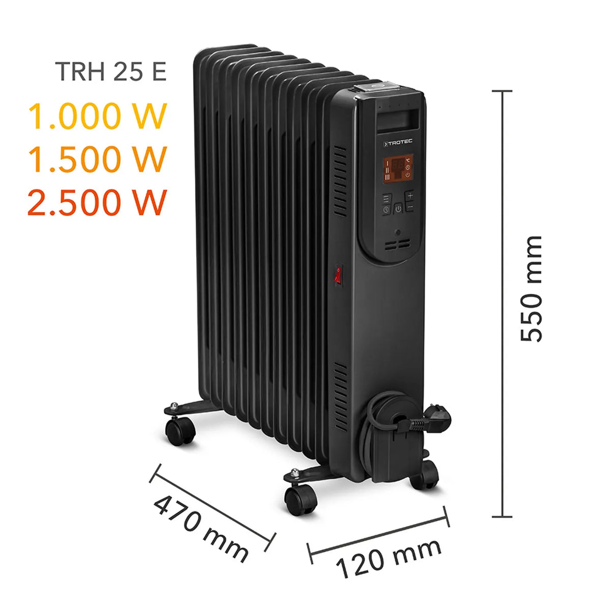 Afmetingen en verwarmingsstanden 1000 W, 1500 W en 2500 W van de Trotec TRH 25 E