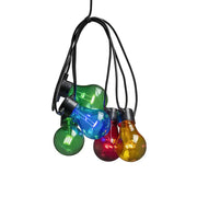 Konstsmide lichtsnoer met gekleurde bolvormige lampjes (groen, blauw, rood, geel), close-up van gebundelde lampjes