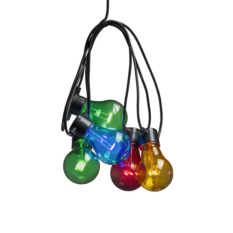 Konstsmide lichtsnoer met gekleurde bolvormige lampjes (groen, blauw, rood, geel), close-up van gebundelde lampjes