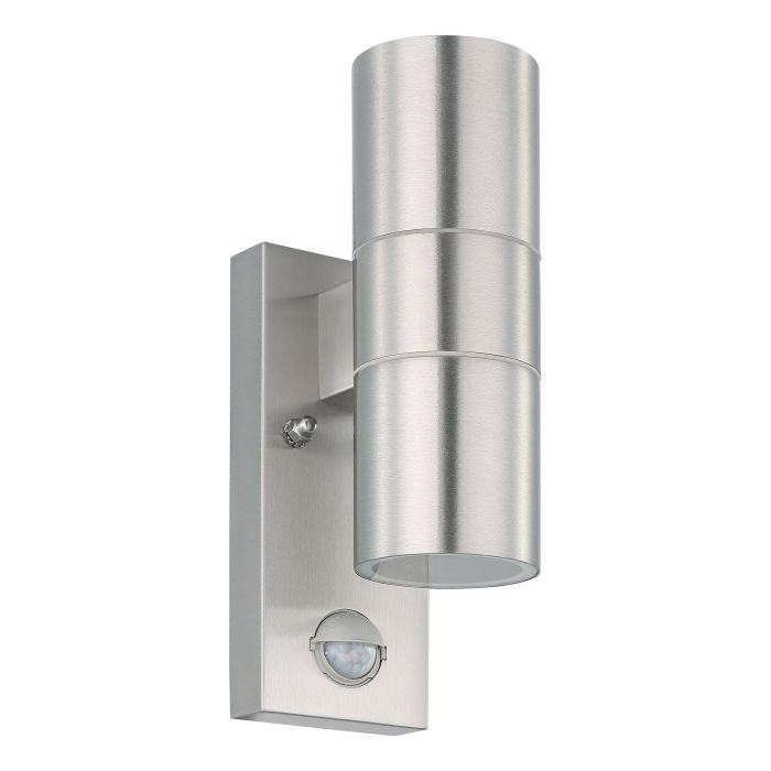 RVS EGLO Riga 5 wandlamp met cilindervormige up- en downlight, bewegingssensor onderaan zichtbaar