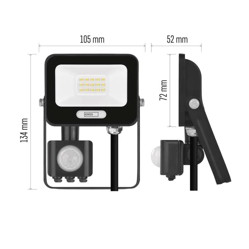 Technische lijntekening van de EMOS GLARO LED bouwlamp met afmetingen, voor- en zijaanzicht
