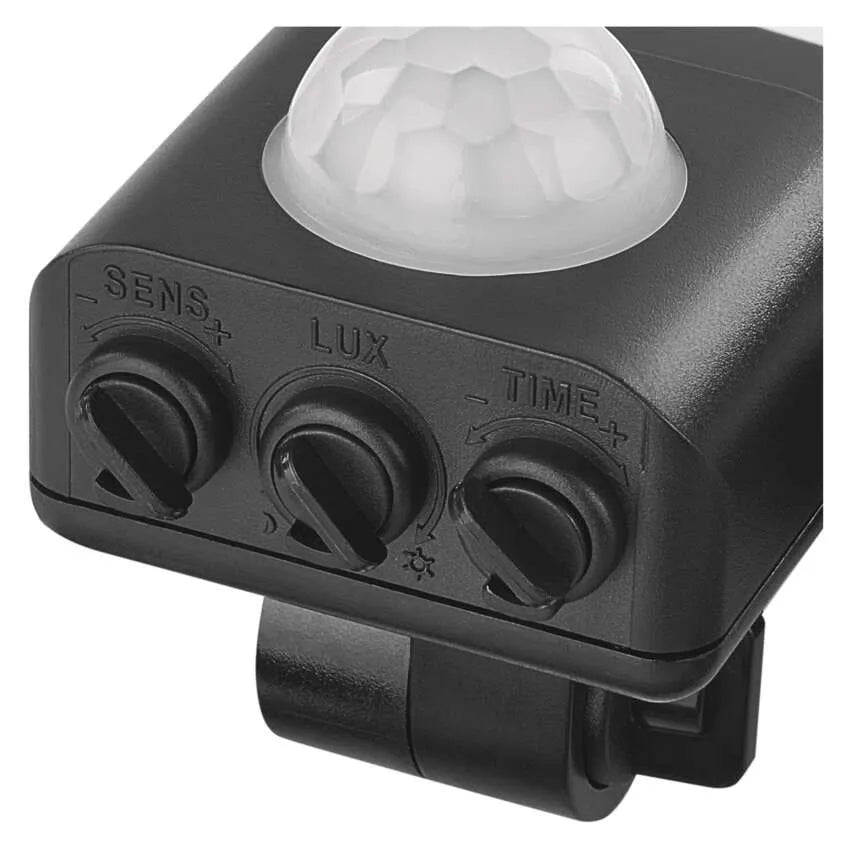 Close-up van de bewegingssensor en instelknoppen (gevoeligheid, tijd, lichtdrempel) onderaan de EMOS GLARO