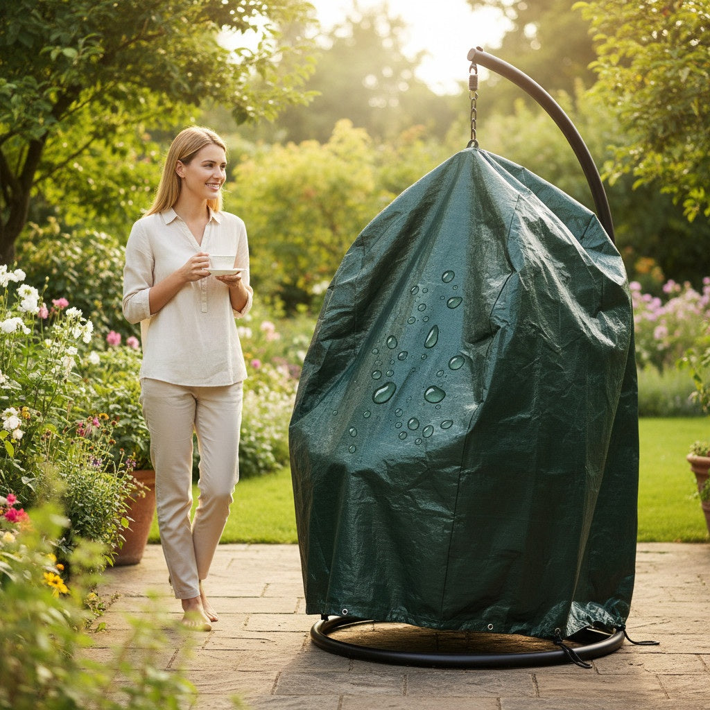 Beschermhoes Domarex KOKON TRIGO donkergroen, vrouw loopt langs afgedekte hangstoel in tuin
