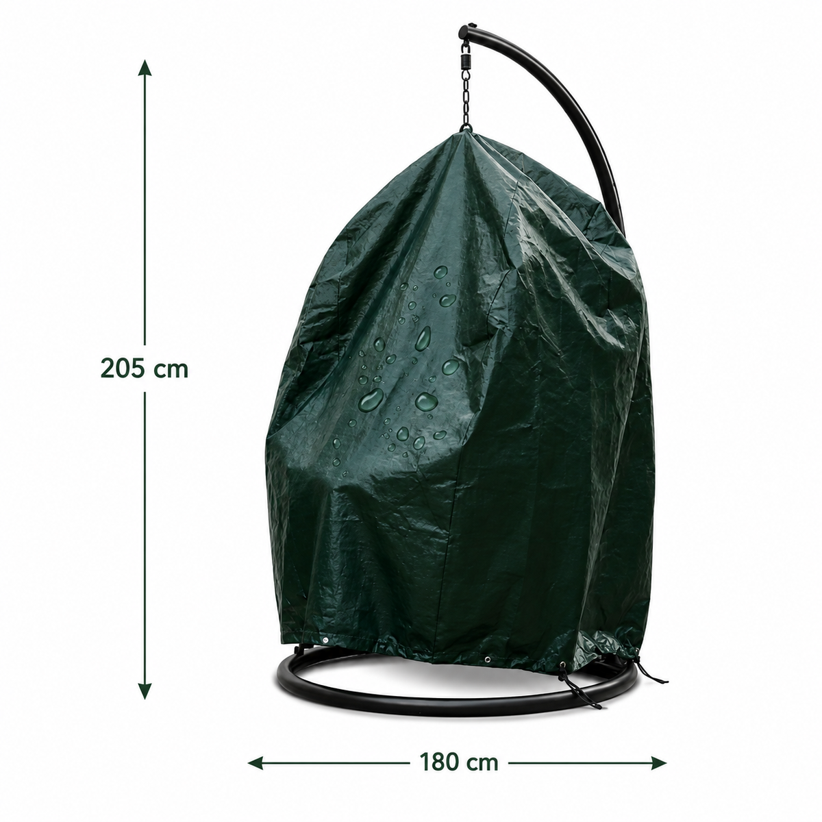 Donkergroene beschermhoes voor hangstoel met standaard, weergegeven op witte achtergrond met afmetingen van 205 cm hoog en 180 cm breed.
