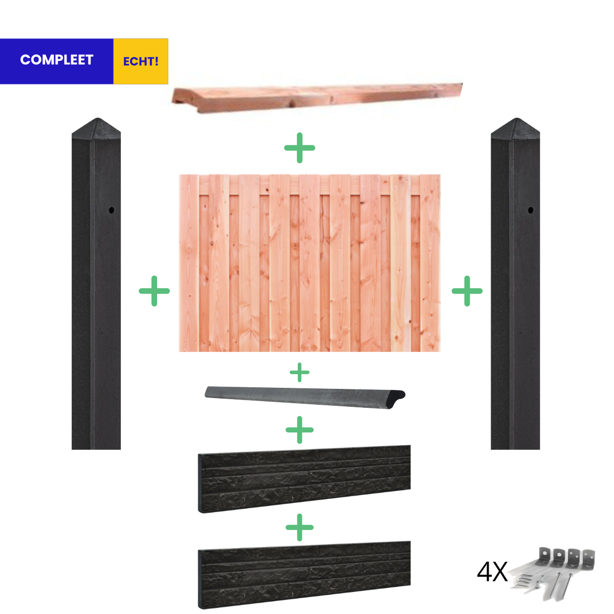 Complete Douglas Hout Beton Schutting met Dubbele Onderplaat Rotsmotief pakket