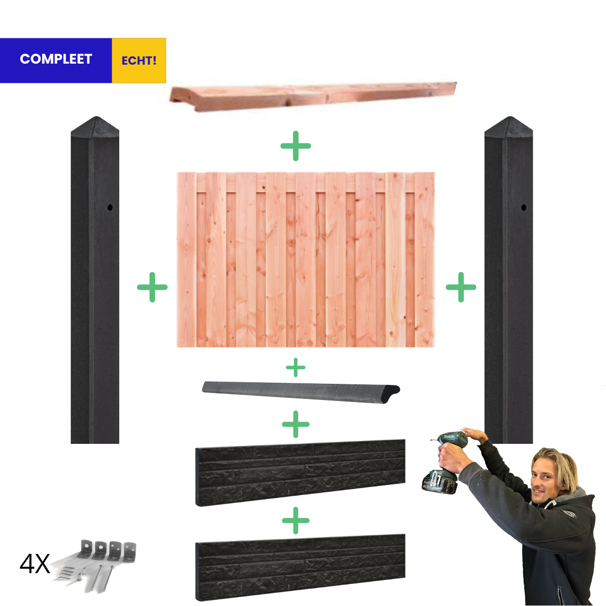 Complete Douglas Hout Beton Schutting met Dubbele Onderplaat Rotsmotief pakket