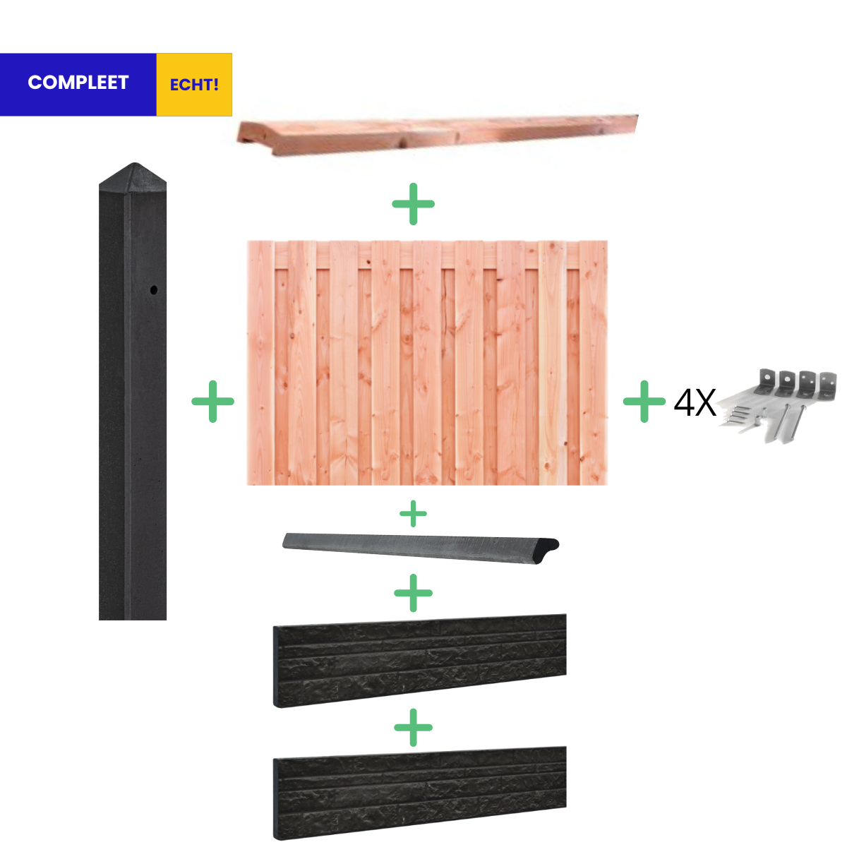 Complete Douglas Hout Beton Schutting met Dubbele Onderplaat Rotsmotief pakket