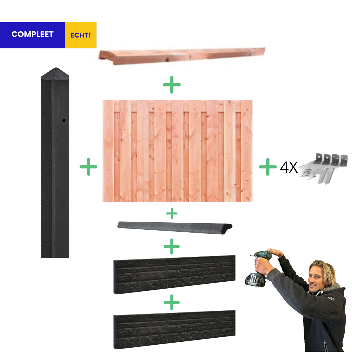 Complete Douglas Hout Beton Schutting met Dubbele Onderplaat Rotsmotief pakket