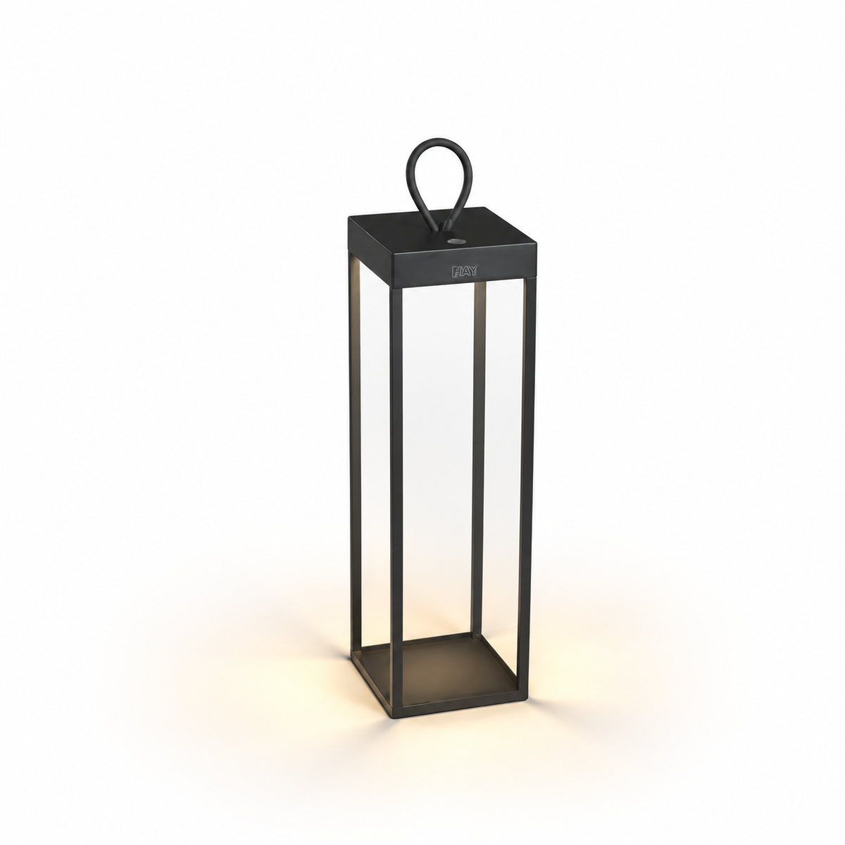 Zwarte Konstsmide Ravello terraslamp, lantaarnvormig met handvat, verlicht van onderaf, vooraanzicht
