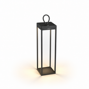Zwarte Konstsmide Ravello terraslamp, lantaarnvormig met handvat, verlicht van onderaf, vooraanzicht