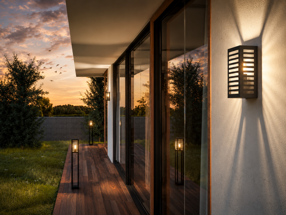 NL: Sfeerbeeld bij schemering van een buitenwoning met houten terras en verlichte wandlamp naast de deur