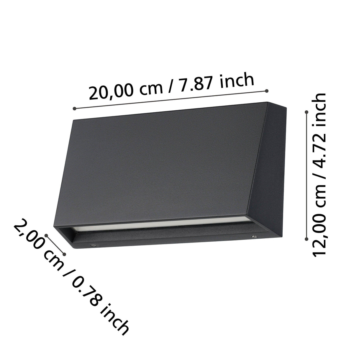 Technische lijntekening van de EGLO Spongano wandlamp met afmetingen