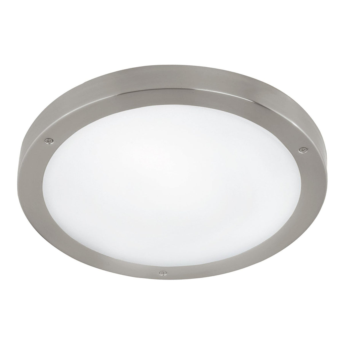 Ronde EGLO Vento 1 wand/plafondlamp met RVS rand, hoekaanzicht op grijze achtergrond