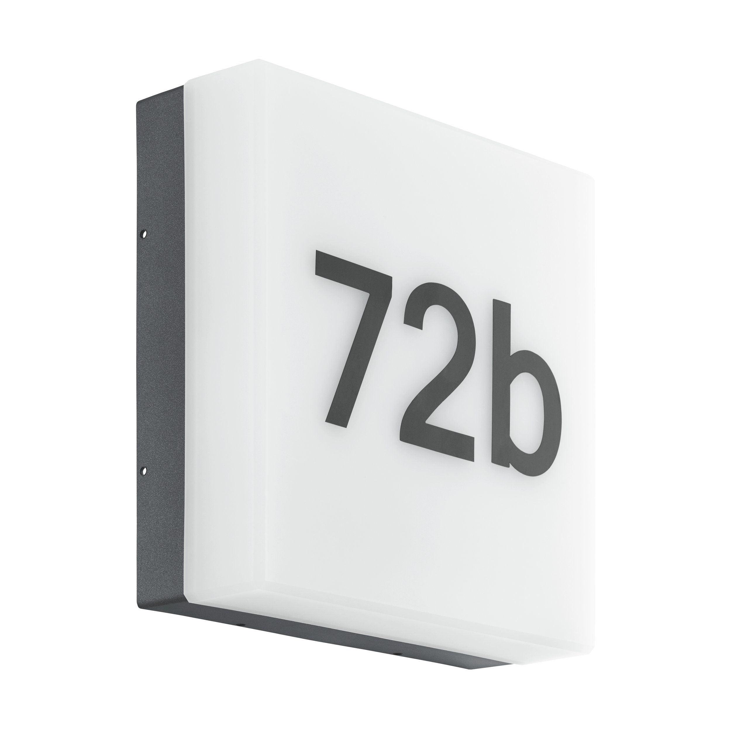 Witte EGLO Cornale wandlamp met antracietkleurige zijkant, huisnummer "72b" op het lichtvlak