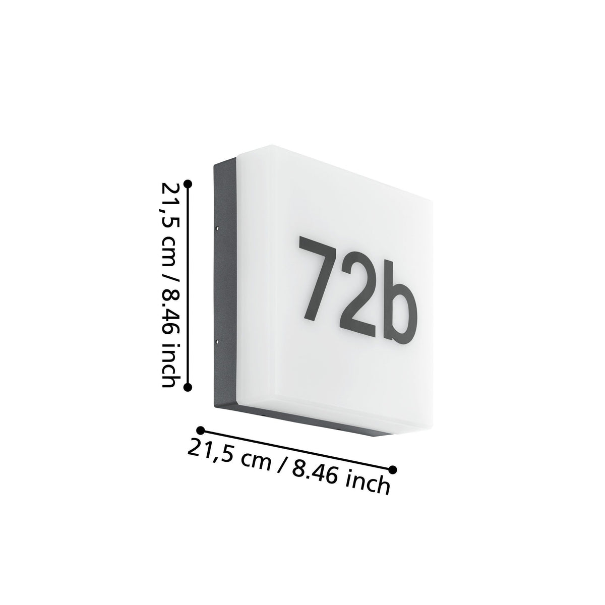 Zijaanzicht van de EGLO Cornale wandlamp met huisnummer "72b" zichtbaar