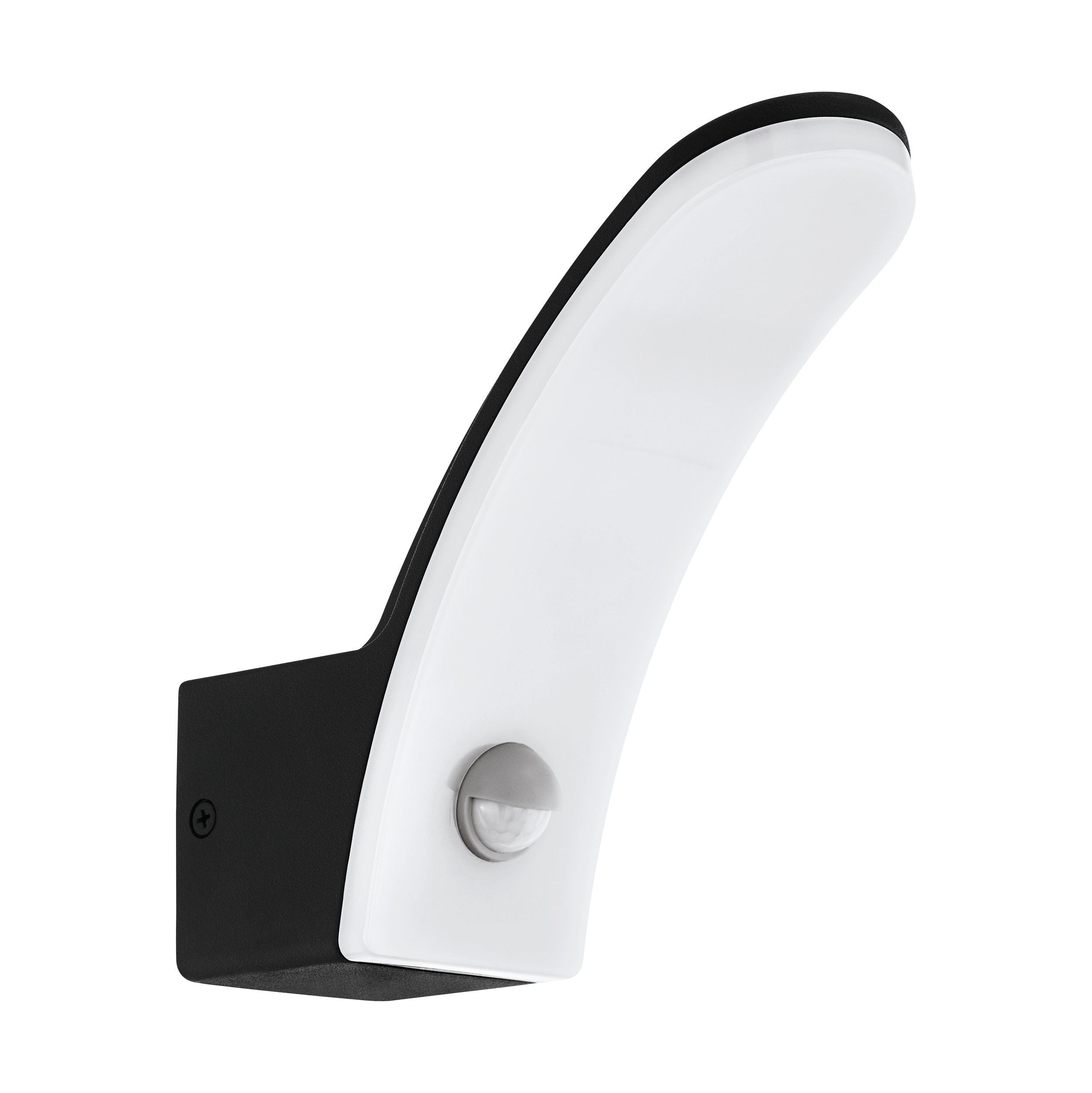 Zwart/witte EGLO Fiumicino wandlamp met gebogen vorm en zichtbare bewegingssensor