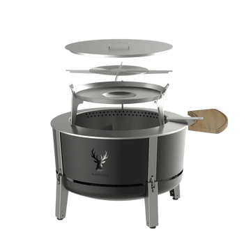 Alpha 800 Zwart Grillplaat bundel – geëxplodeerde weergave met plancha en accessoires