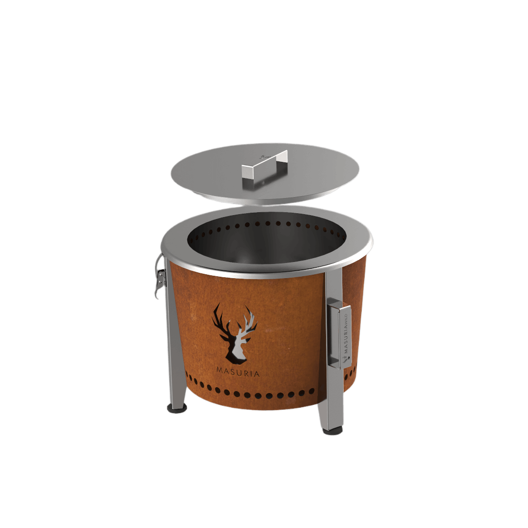 Alpha Camp Corten Reisset bundel – vuurkorf met deksel accessoire op witte achtergrond