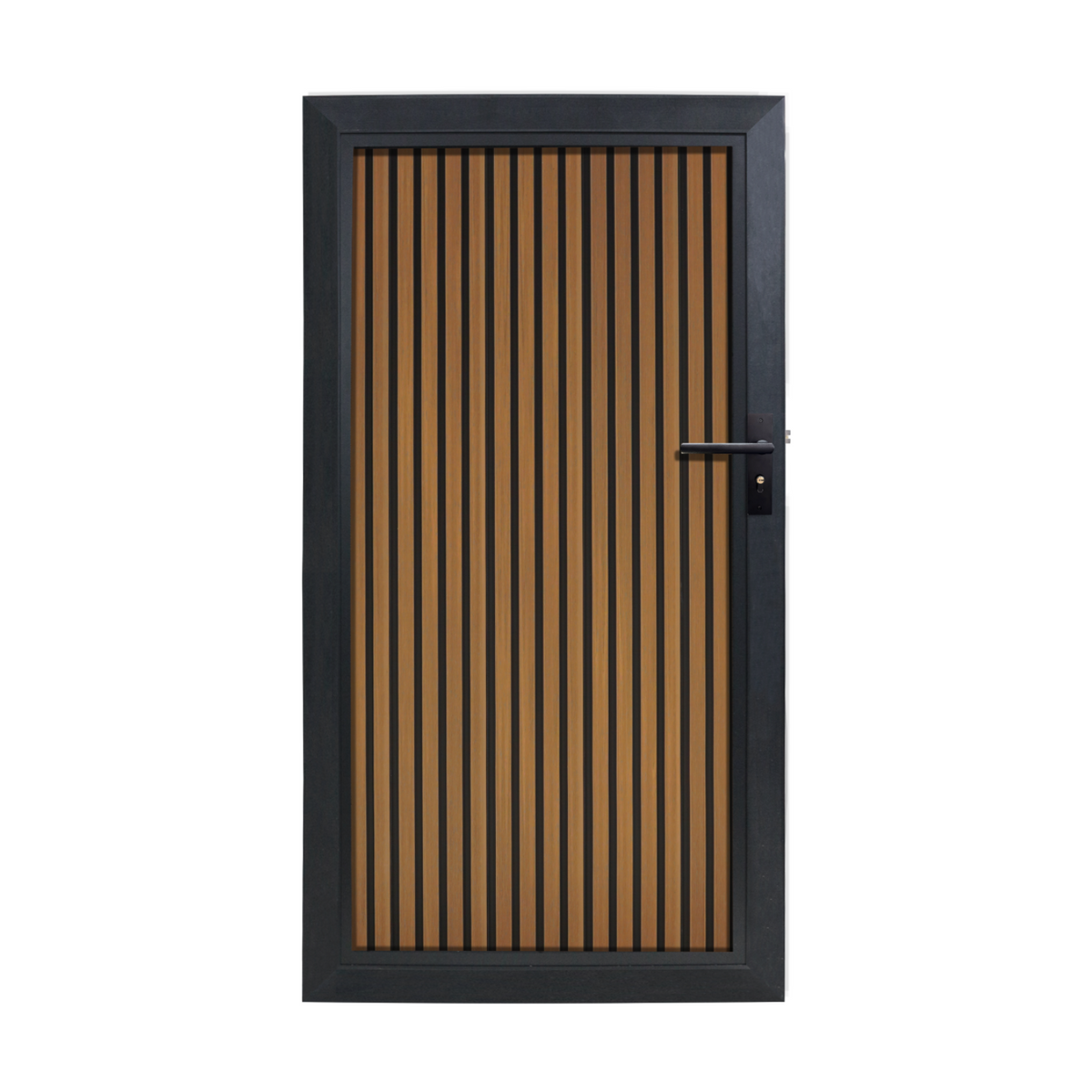 WPC tuindeur Rhombus Teak Verticaal met zwarte achtergrond en antraciet aluminium frame