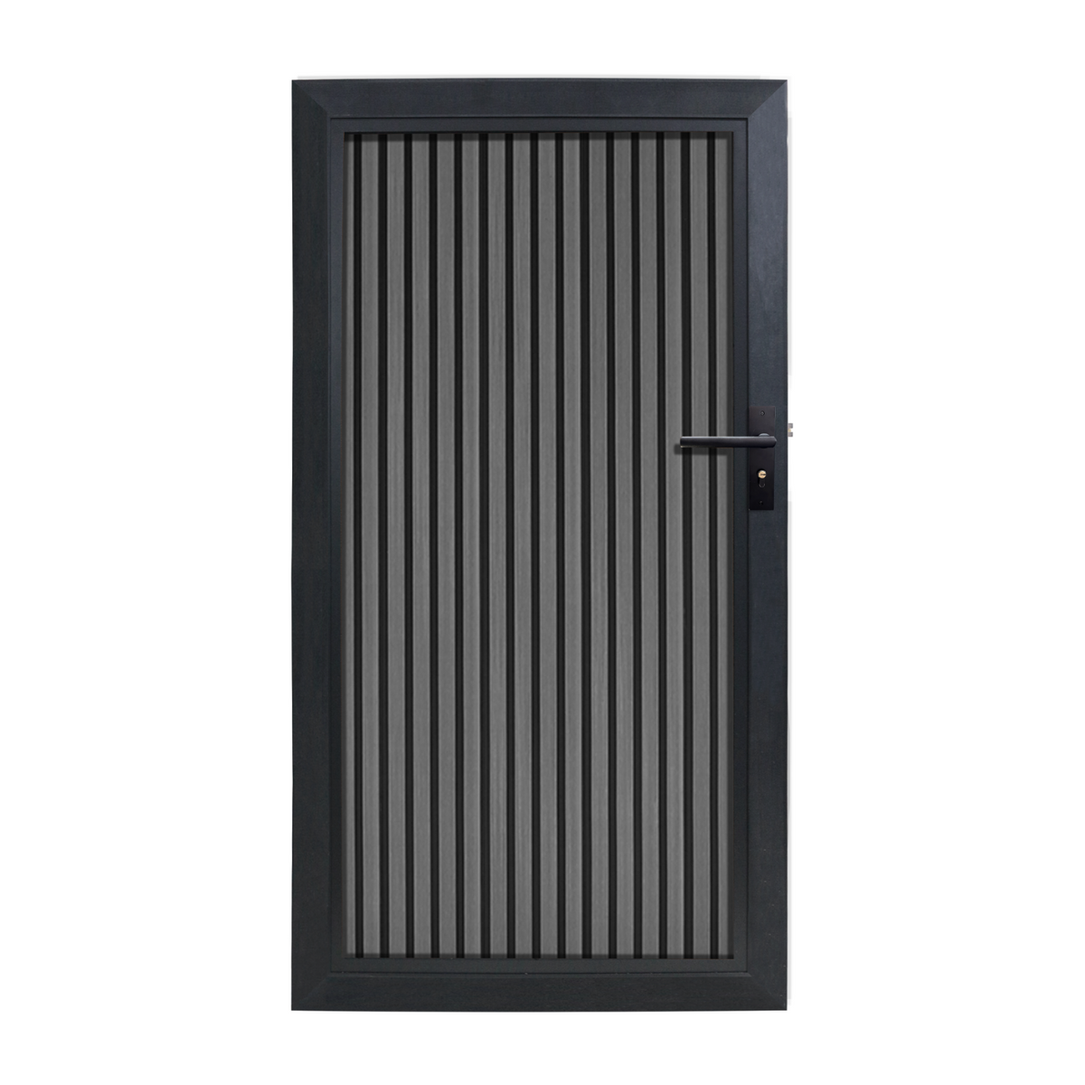 WPC tuindeur Rhombus Zwart Verticaal met zwarte achtergrond en antraciet aluminium frame