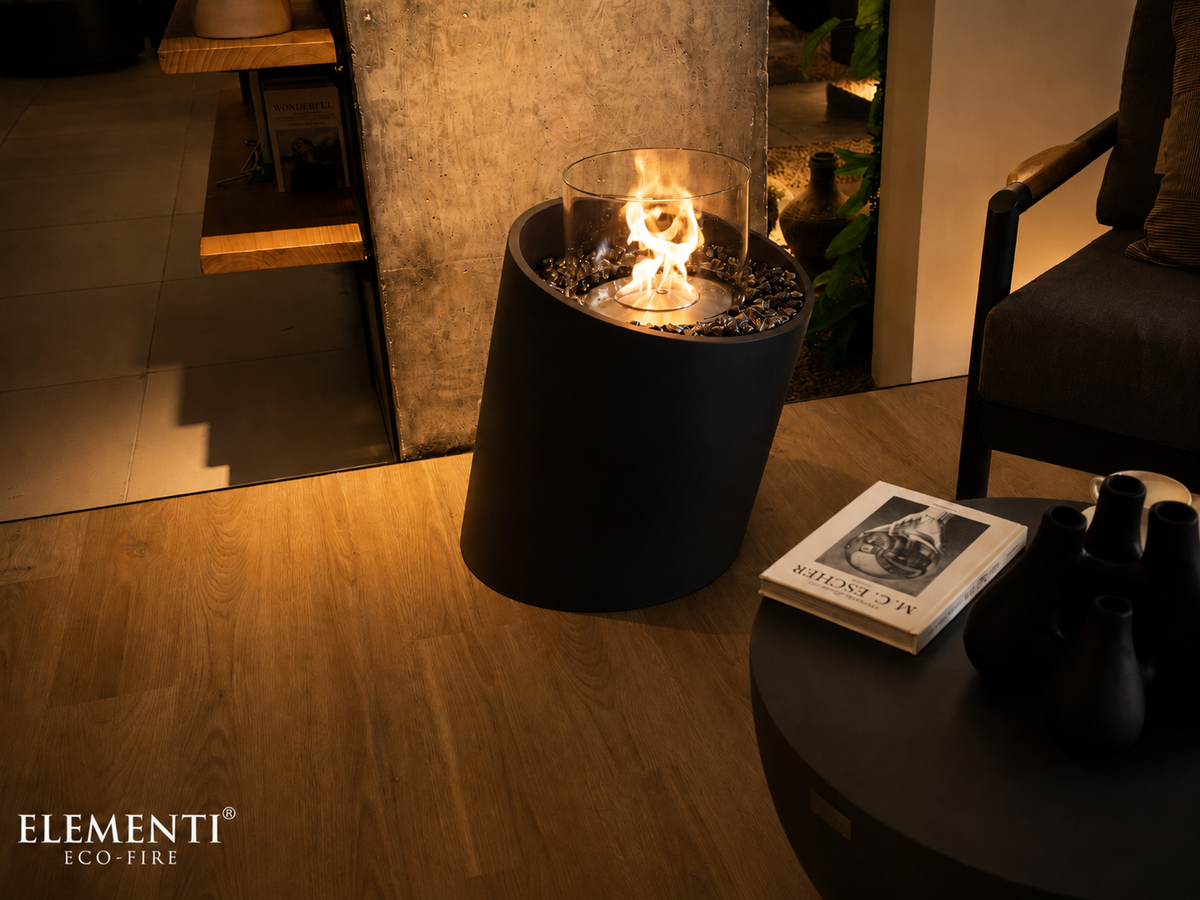 Elementi Torre ethanol vuurkolom leisteen zwart interieur lifestyle 2