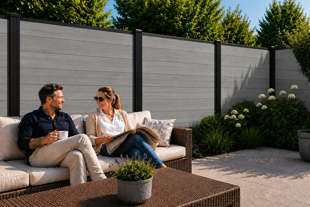 Stel op loungebank voor grijze composiet schutting