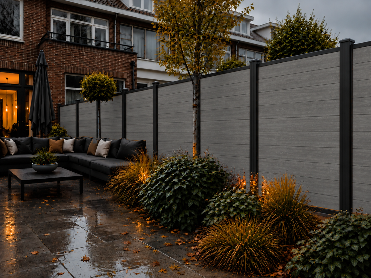 Grijze composiet schutting in de tuin bij avondverlichting