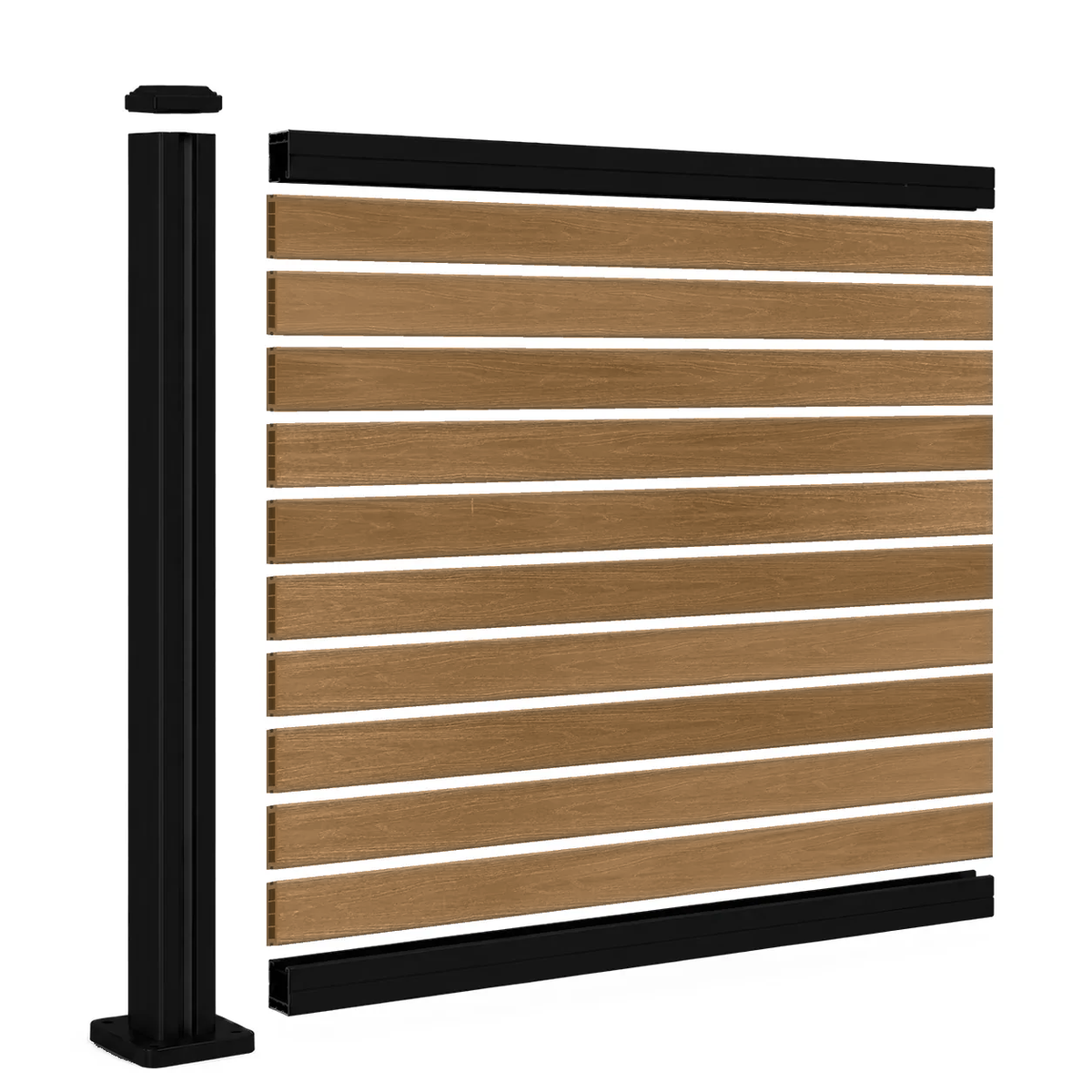 Inhoud schuttingset: zwarte aluminium paal en Oak composiet planken