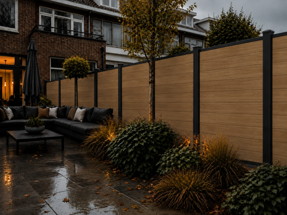 Oak composiet schutting in de tuin bij avondverlichting
