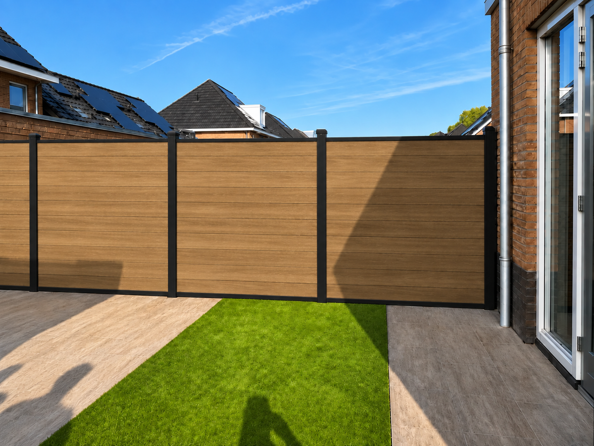 Oak composiet schutting rond tuin met kunstgras en terras