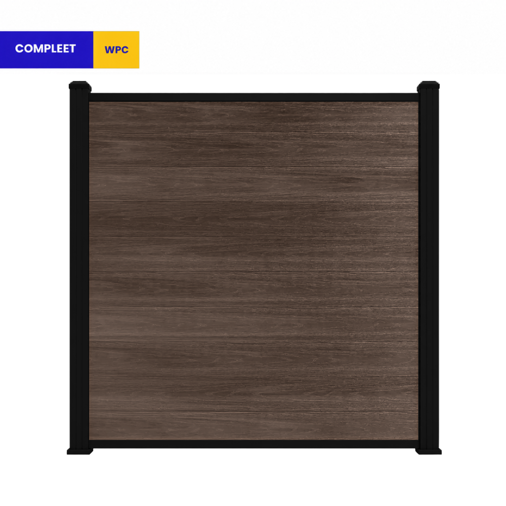 Walnut composiet schuttingscherm met zwarte aluminium palen