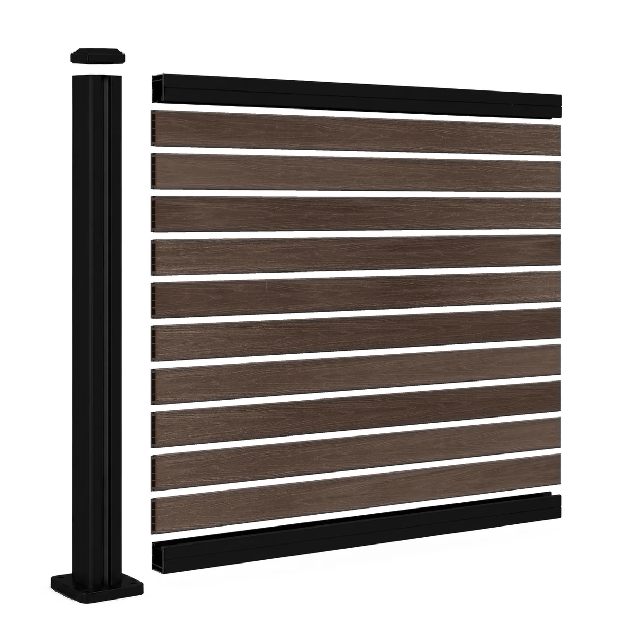 Inhoud schuttingset: zwarte aluminium paal en Walnut composiet planken