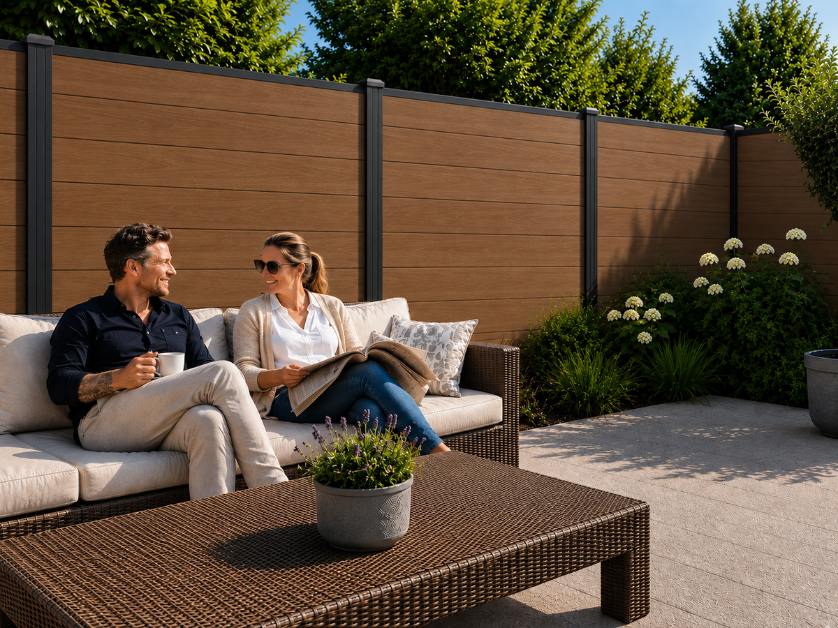 Stel op loungebank voor teakkleurige composiet schutting