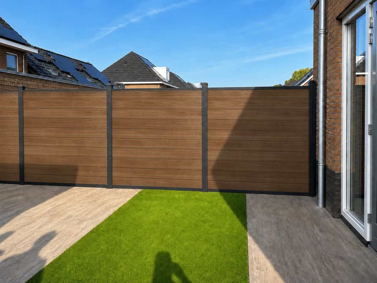 Teakkleurige composiet schutting rond tuin met kunstgras en terras
