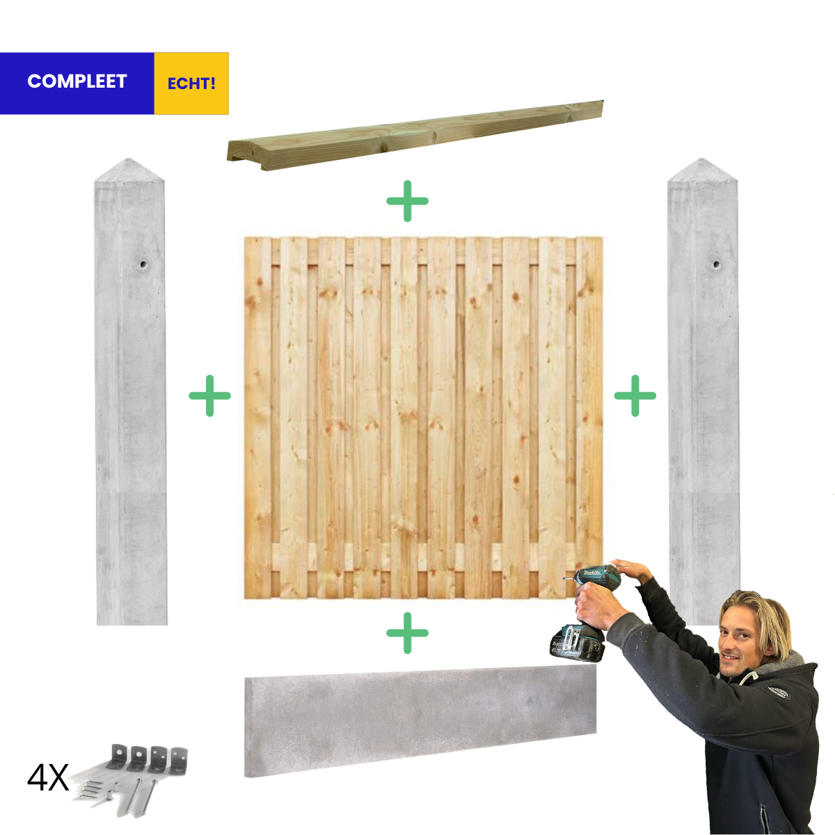 Complete Grenen Hout en Wit-grijs Beton Schutting pakket - START PAKKET