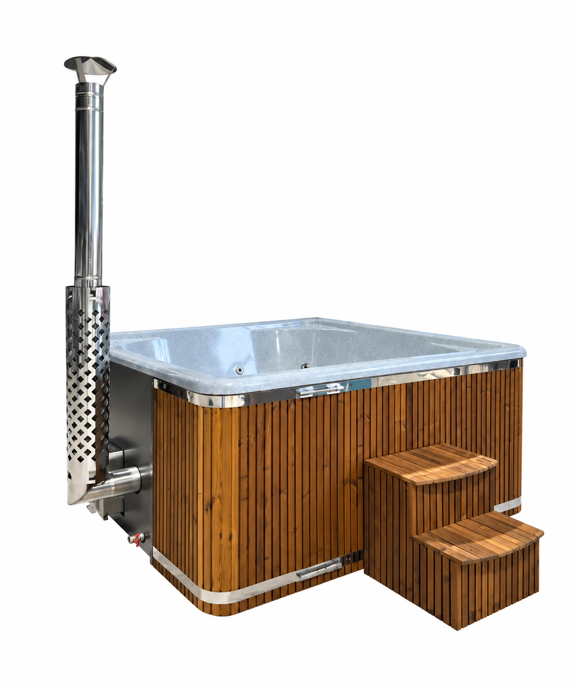 Vierkante houtgestookte Hot Tub Quadro met 3D Granite kuip, geïntegreerde kachel en opstaptrap