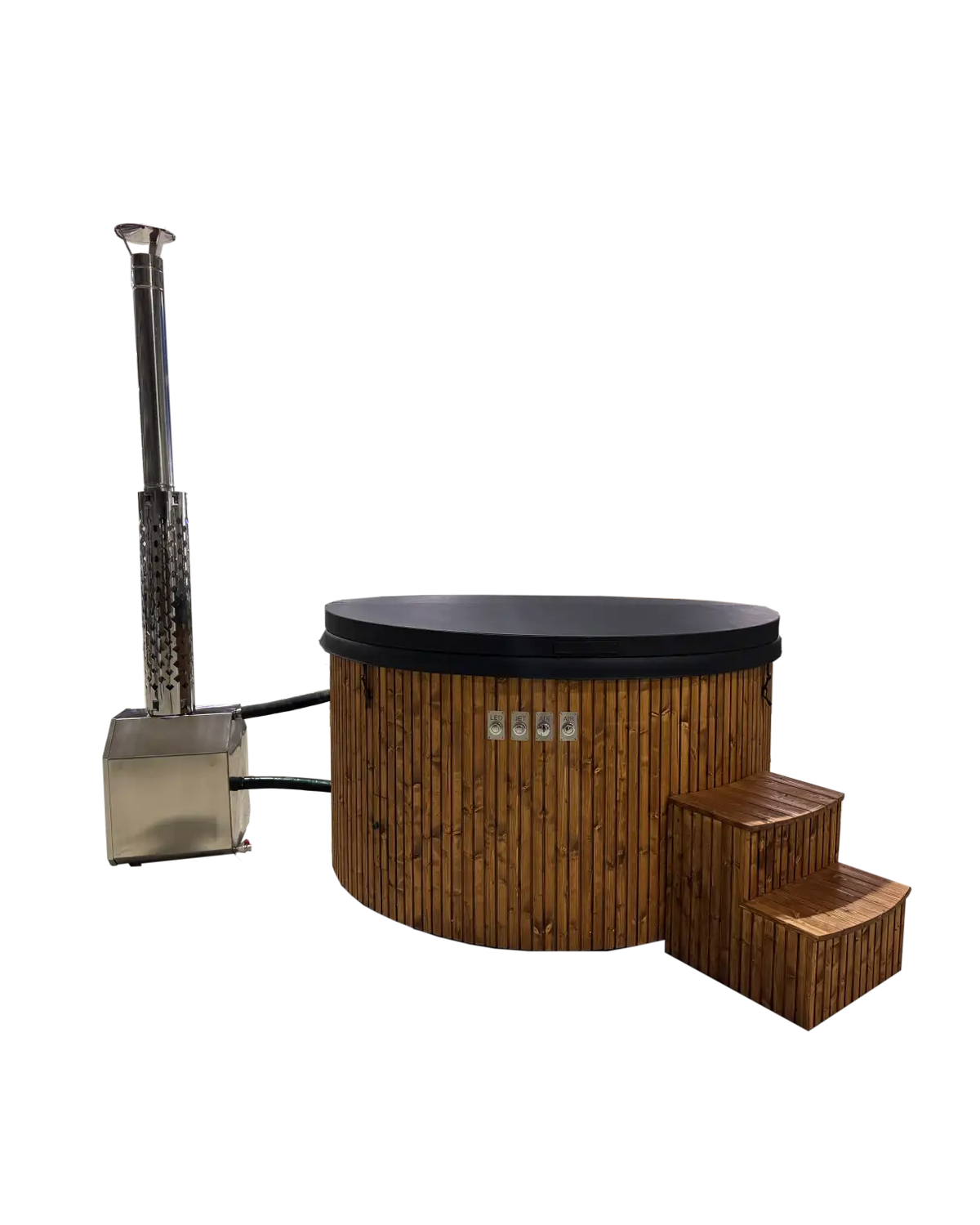 Houtgestookte Hot Tub van Ø200 cm met externe kachel, gesloten deksel en opstaptrap