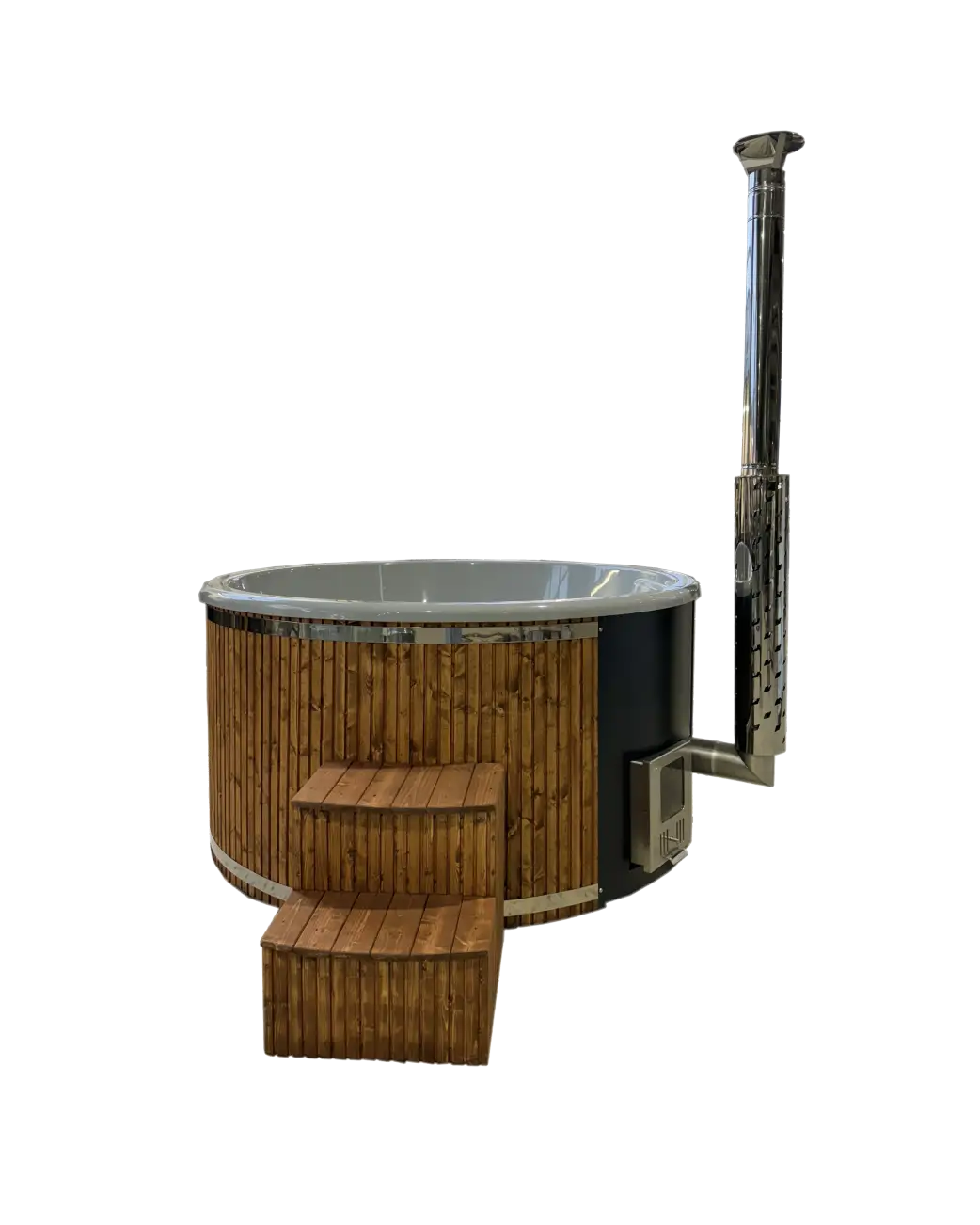 Houtgestookte Hot Tub Fiberglass XL met geïntegreerde kachel, bekleding van vurenhout en opstaptrap