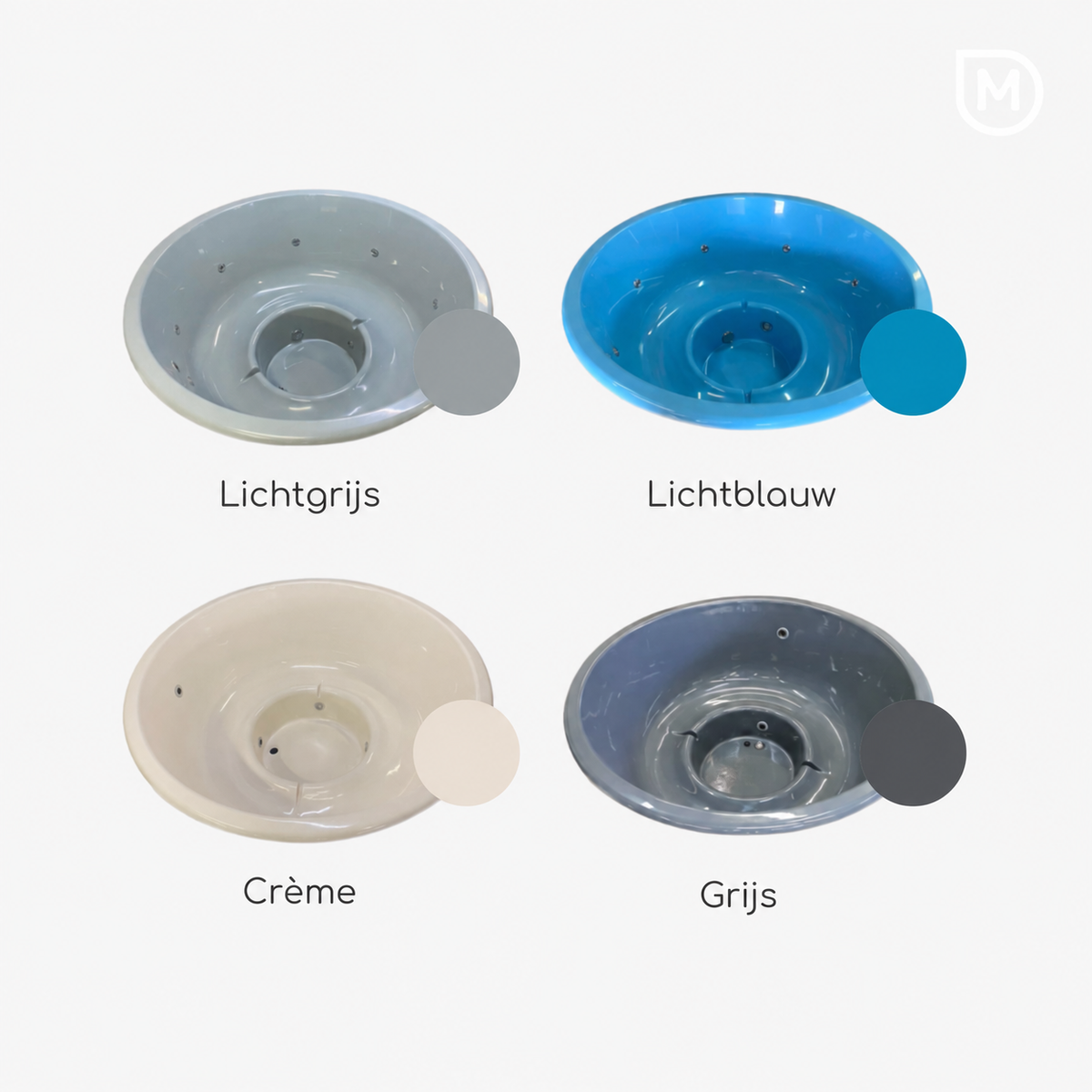 De 4 kuipkleuren voor de glasvezel Hot Tub: Lichtgrijs, Lichtblauw, Crème en Grijs