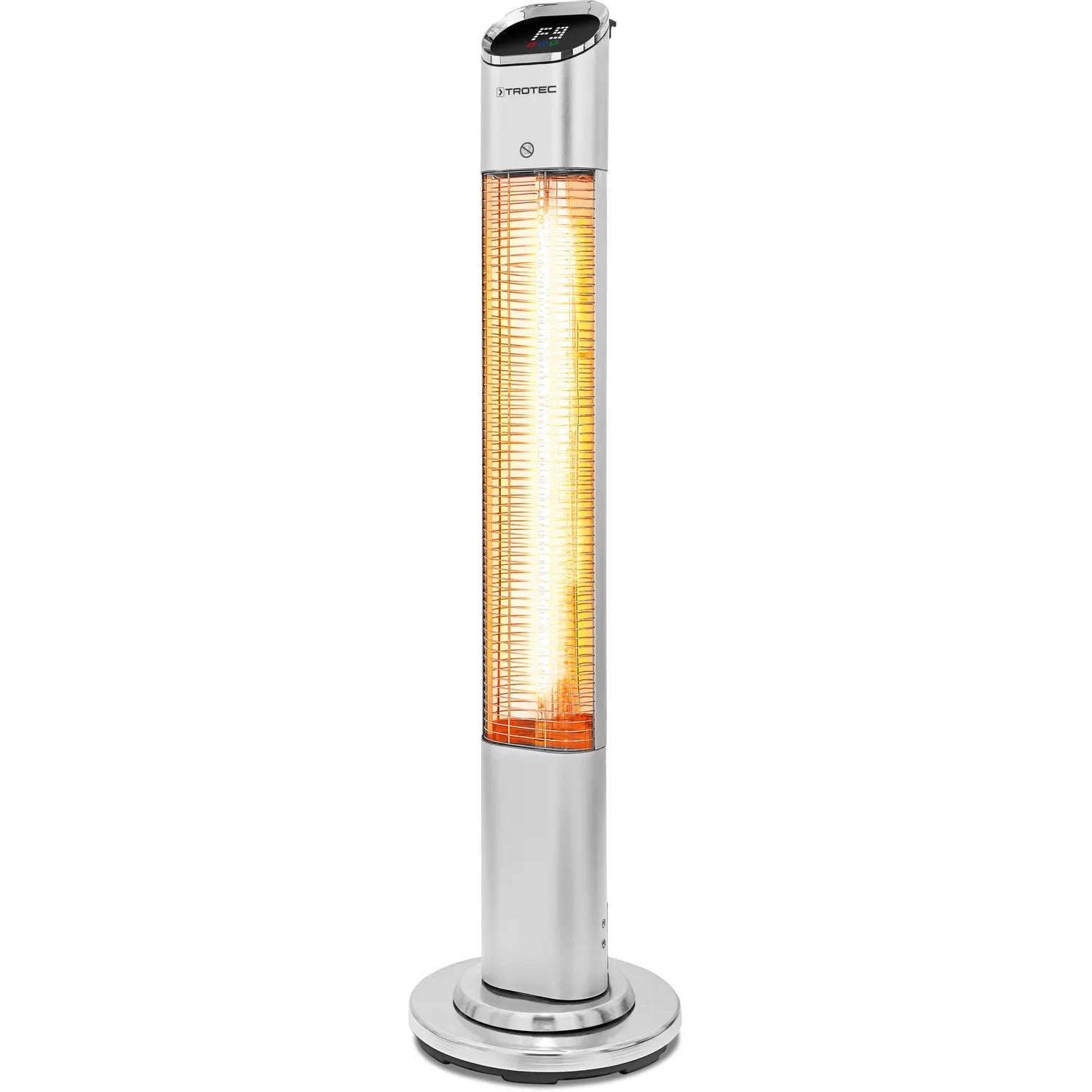 Trotec IRS 2050 E infrarood terrasstraler zilver, vanuit een andere hoek, brandend