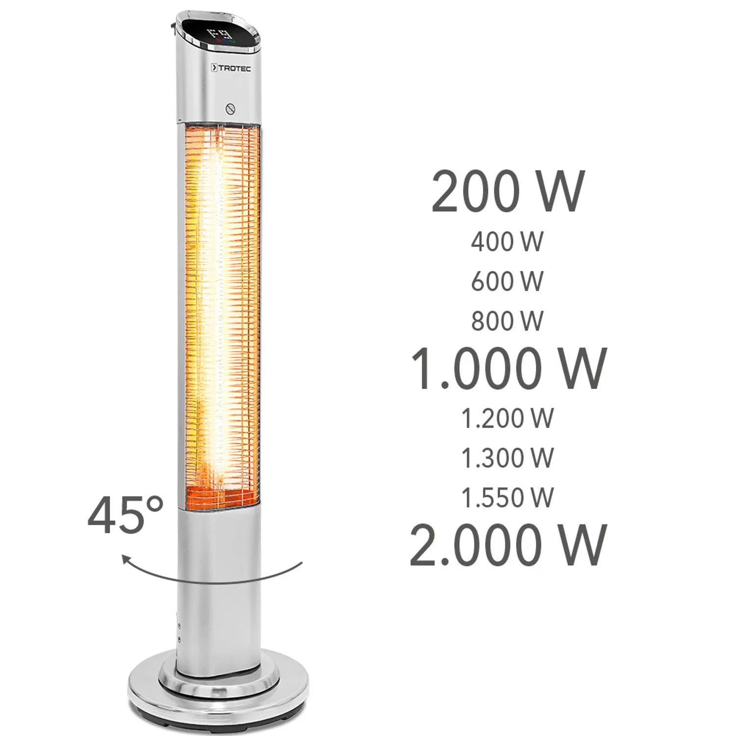 Trotec IRS 2050 E infrarood terrasstraler zilver, warmtestanden en oscillatiehoek