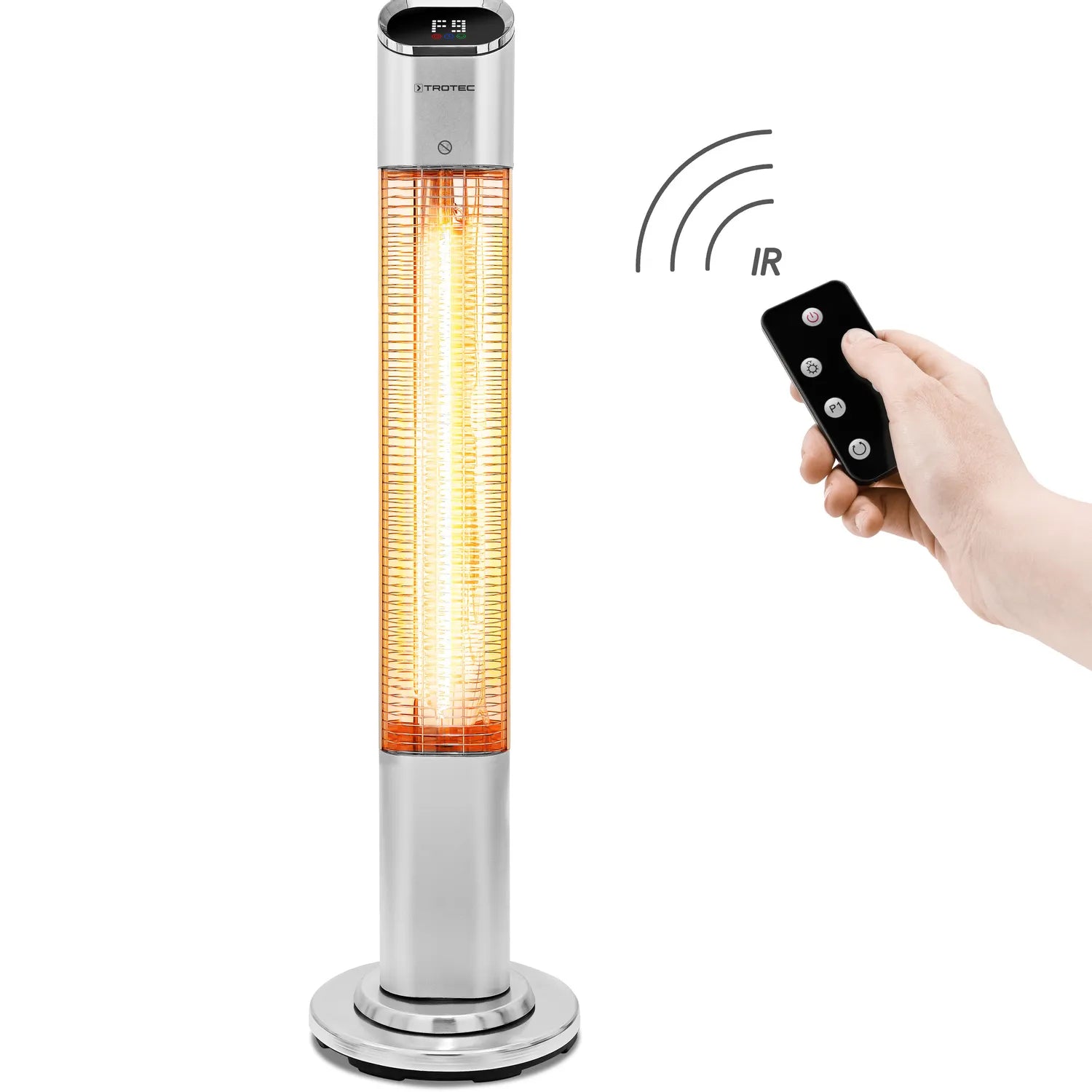 Trotec IRS 2050 E infrarood terrasstraler zilver met afstandsbediening in gebruik