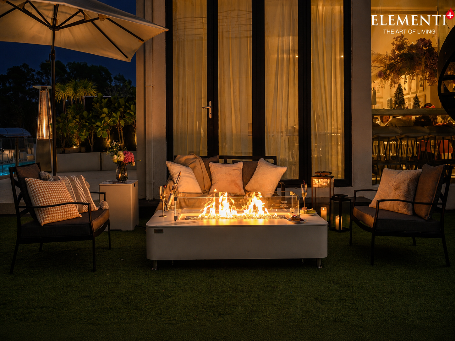 Elementi Athens gasvuurschaal bianco wit terras avond lifestyle 2